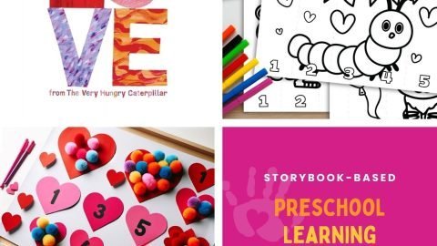 blog-preschooguide-lovefromtheveryhungrycaterpillar-featuredimage Children engaging in 'LOVE from The Very Hungry Caterpillar' preschool learning activities, with colorful educational materials spread out on a table.