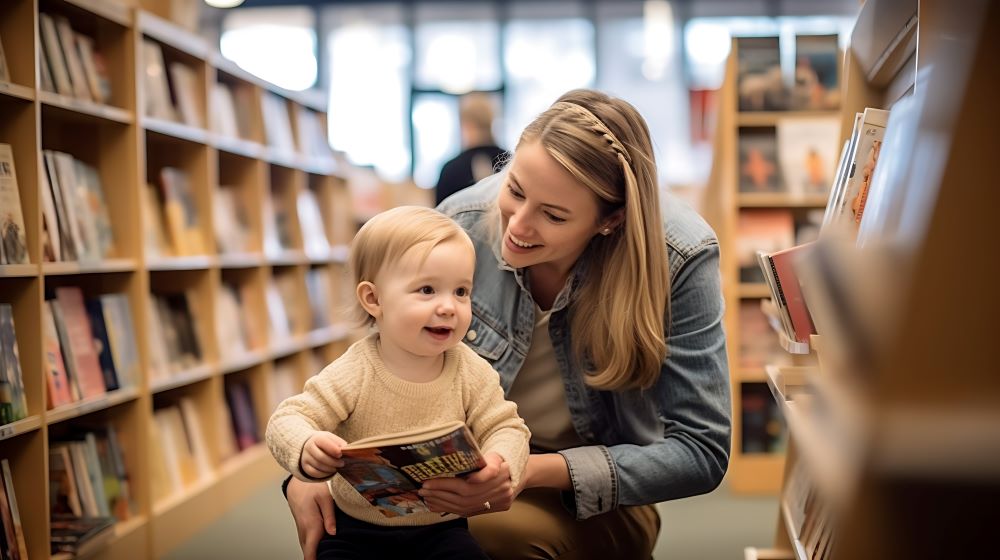 Mother and toddler selecting a book at the library, considering their interests for an engaging reading experience. Mother and toddler selecting a book at the library, considering their interests for an engaging reading experience.